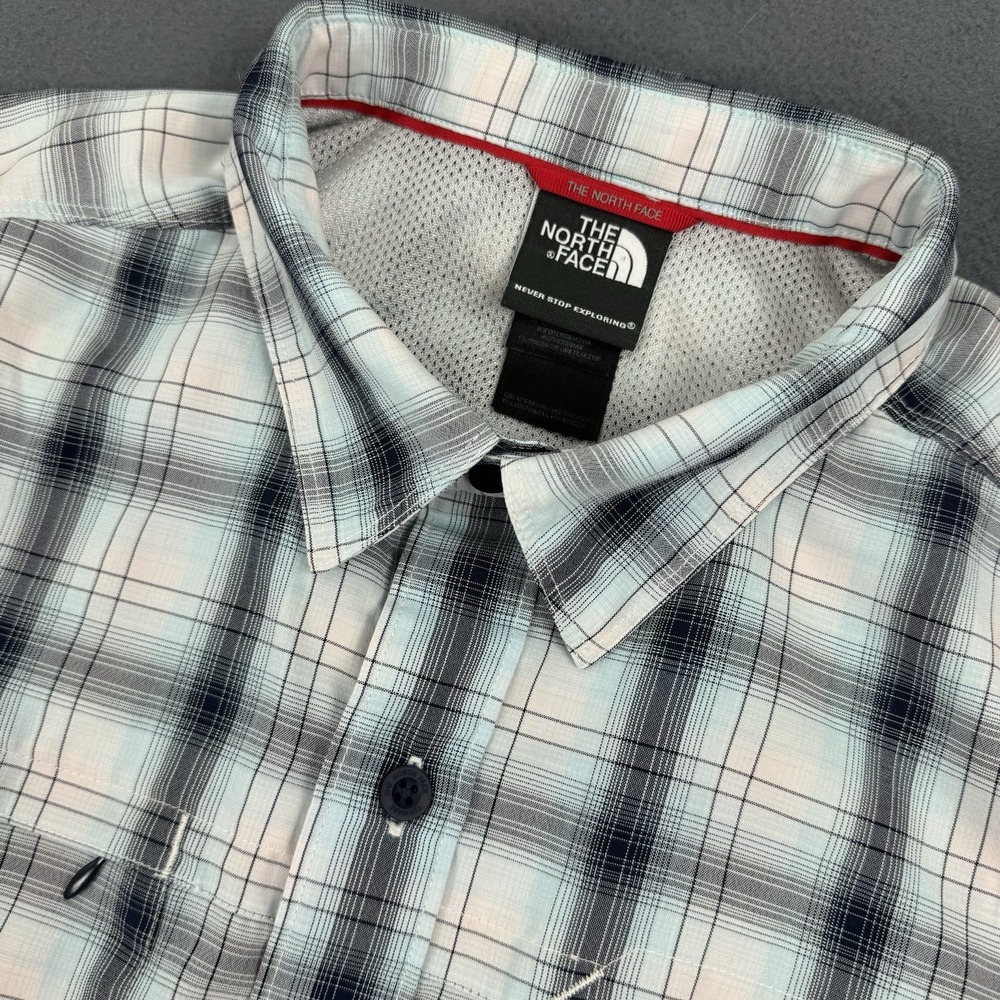 THE NORTH‎ FACE Mens short sleeve Modal blend zip BLUE plaid button shirt - L